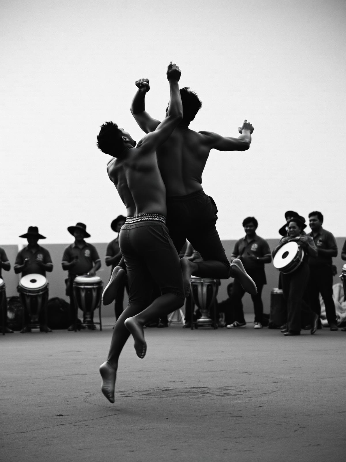 Capoeiristas em movimento na roda